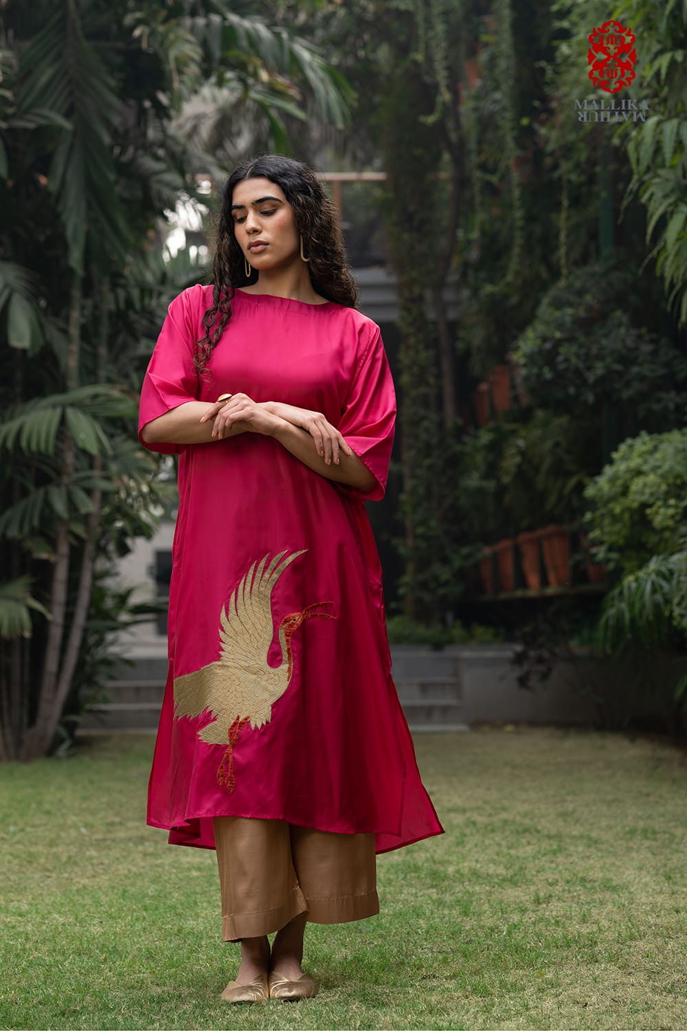 ‘SARAS’ crimson red habutai silk tunic appliqué - image 2