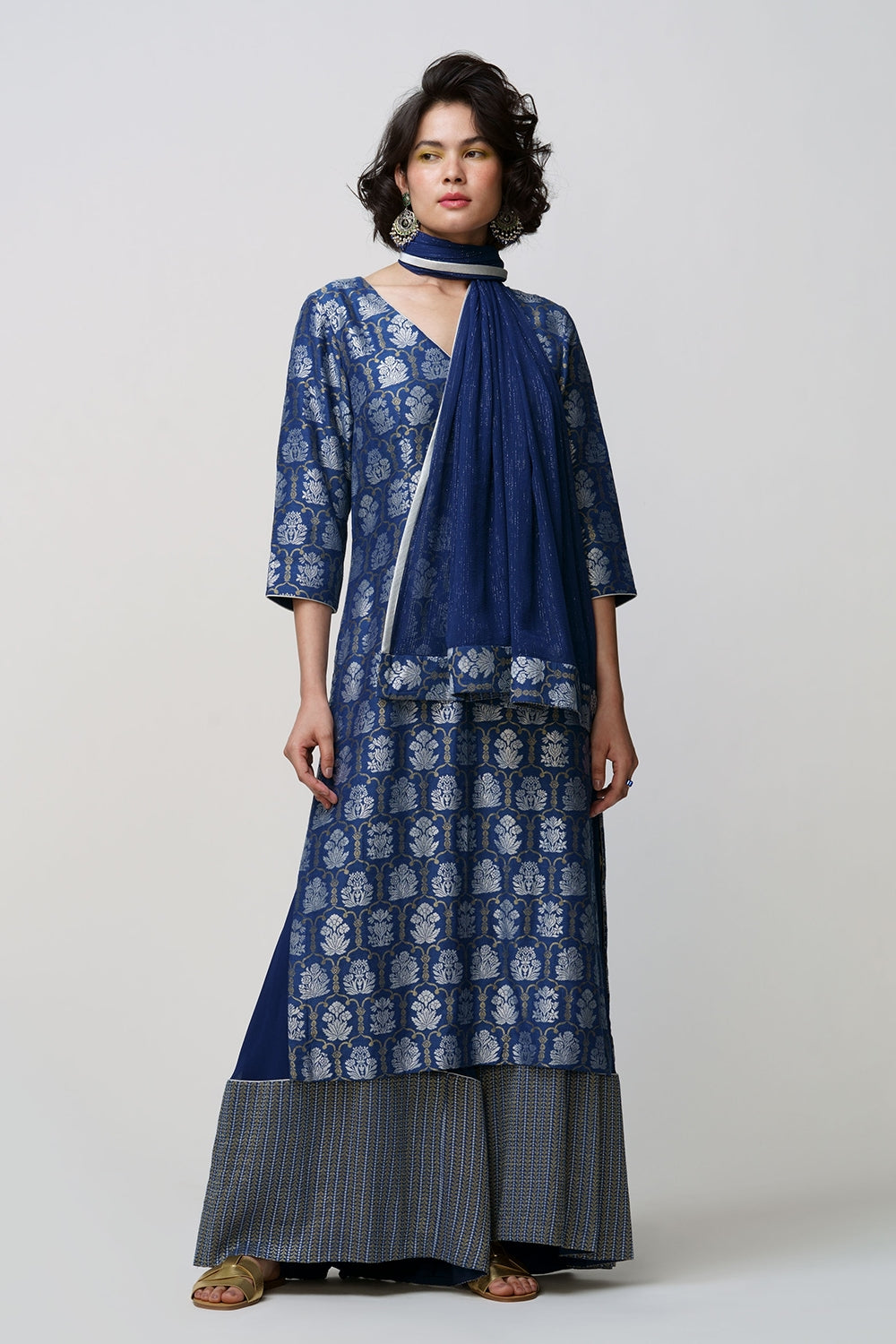 Mira' Sharara Set Moonga Tussar Midnight Blue & Gold