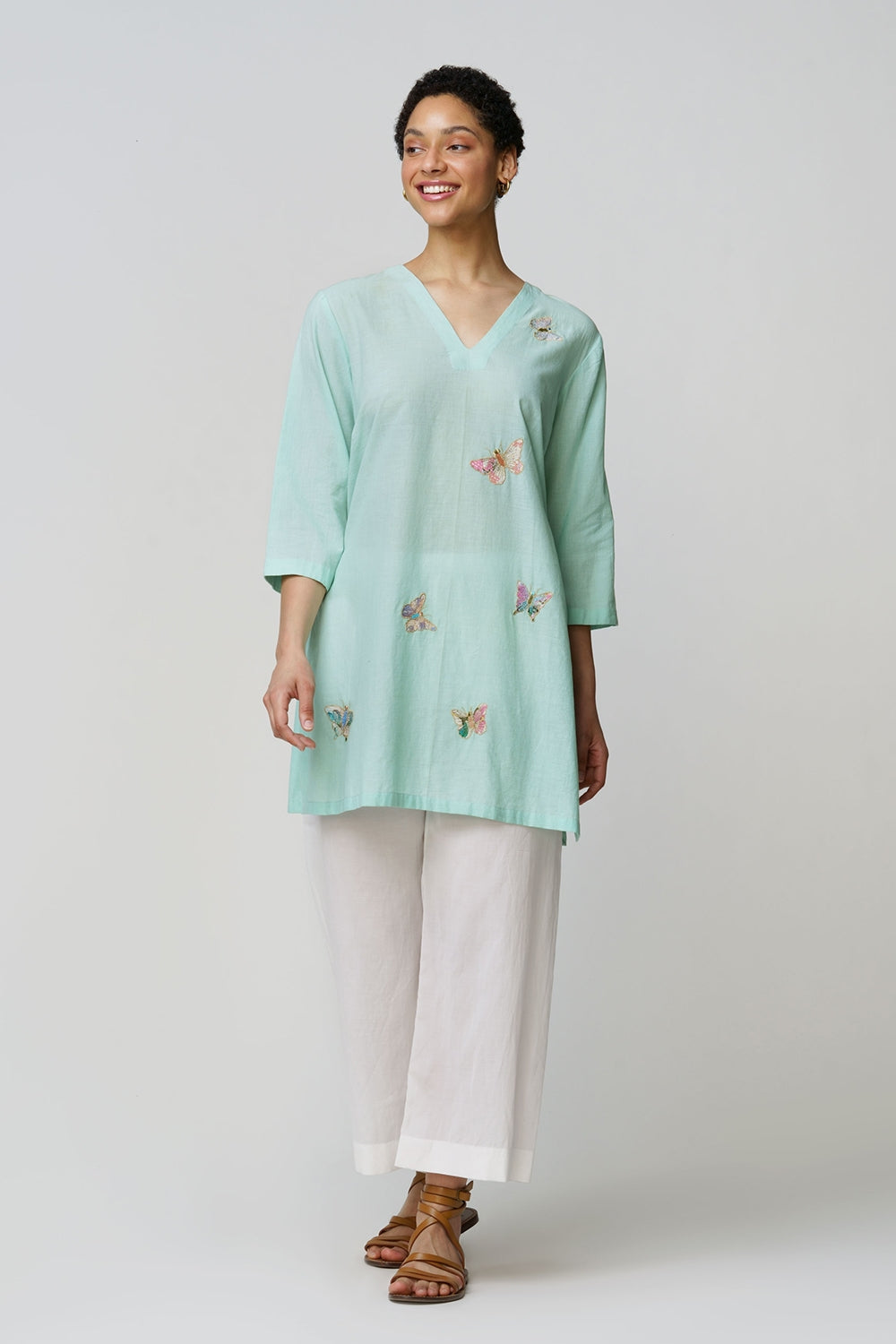 Vanya'caftan short dress muslin butterfly applique - image 2