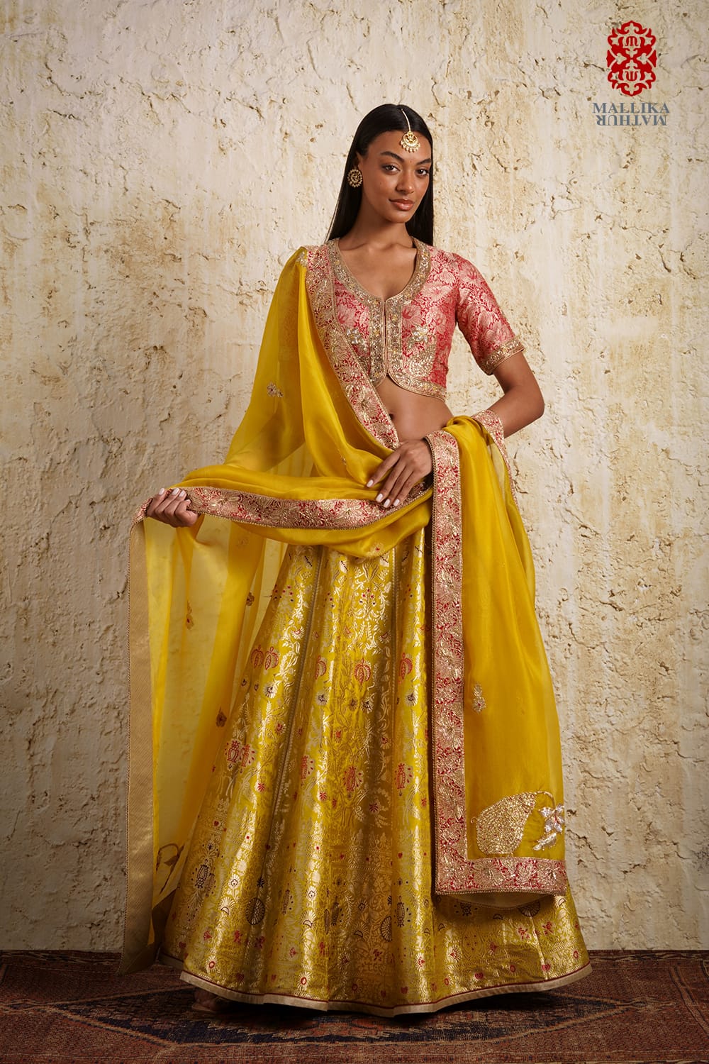‘Shaheen’ Basanti yellow silk brocade lehenga