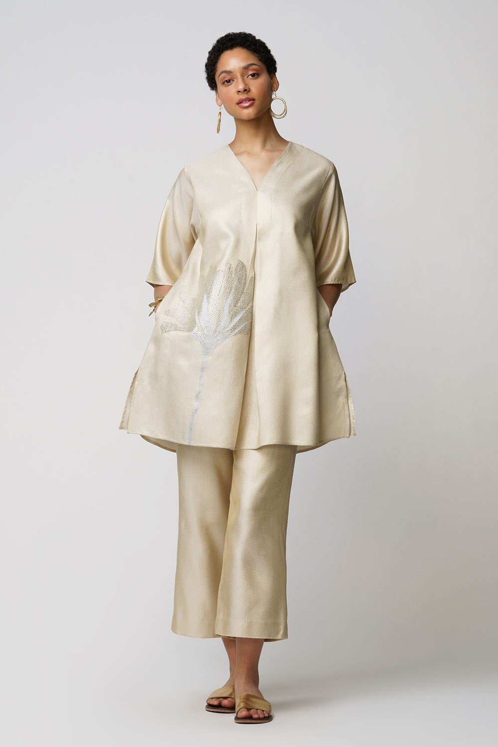 Xylia' wild peony flower bloom applique gold zari short and long tunic set