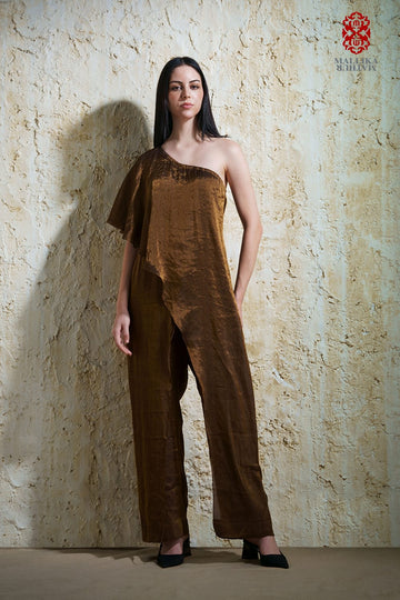‘Zora’ burnt gold silk tissue jumpsuit