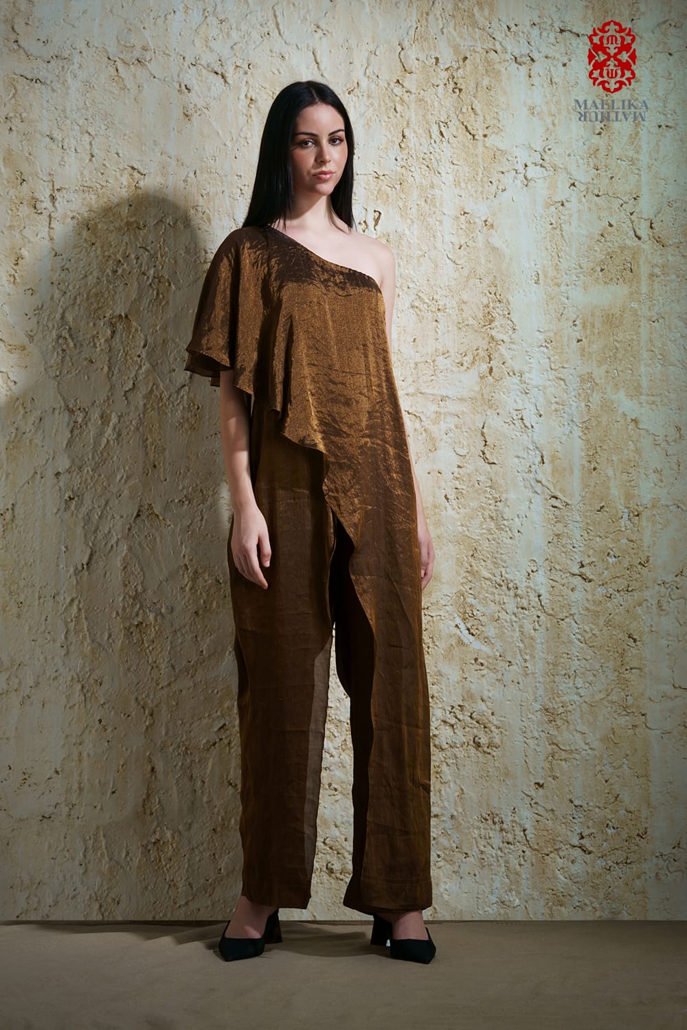 ‘Zora’ burnt gold silk tissue jumpsuit