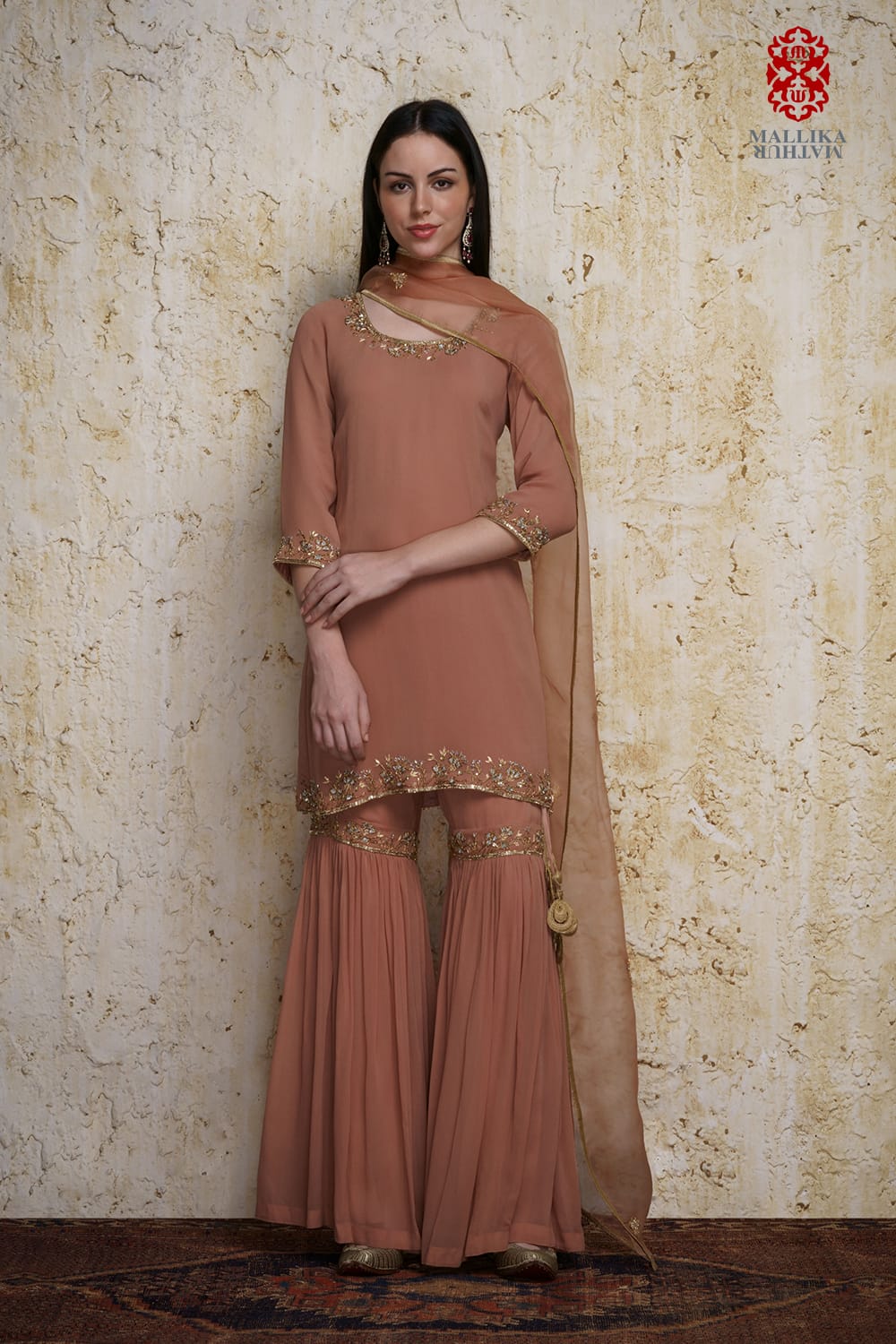 ‘Gulnaz’ old rose georgette kurta paired with a gharara hand embroidered - image 2