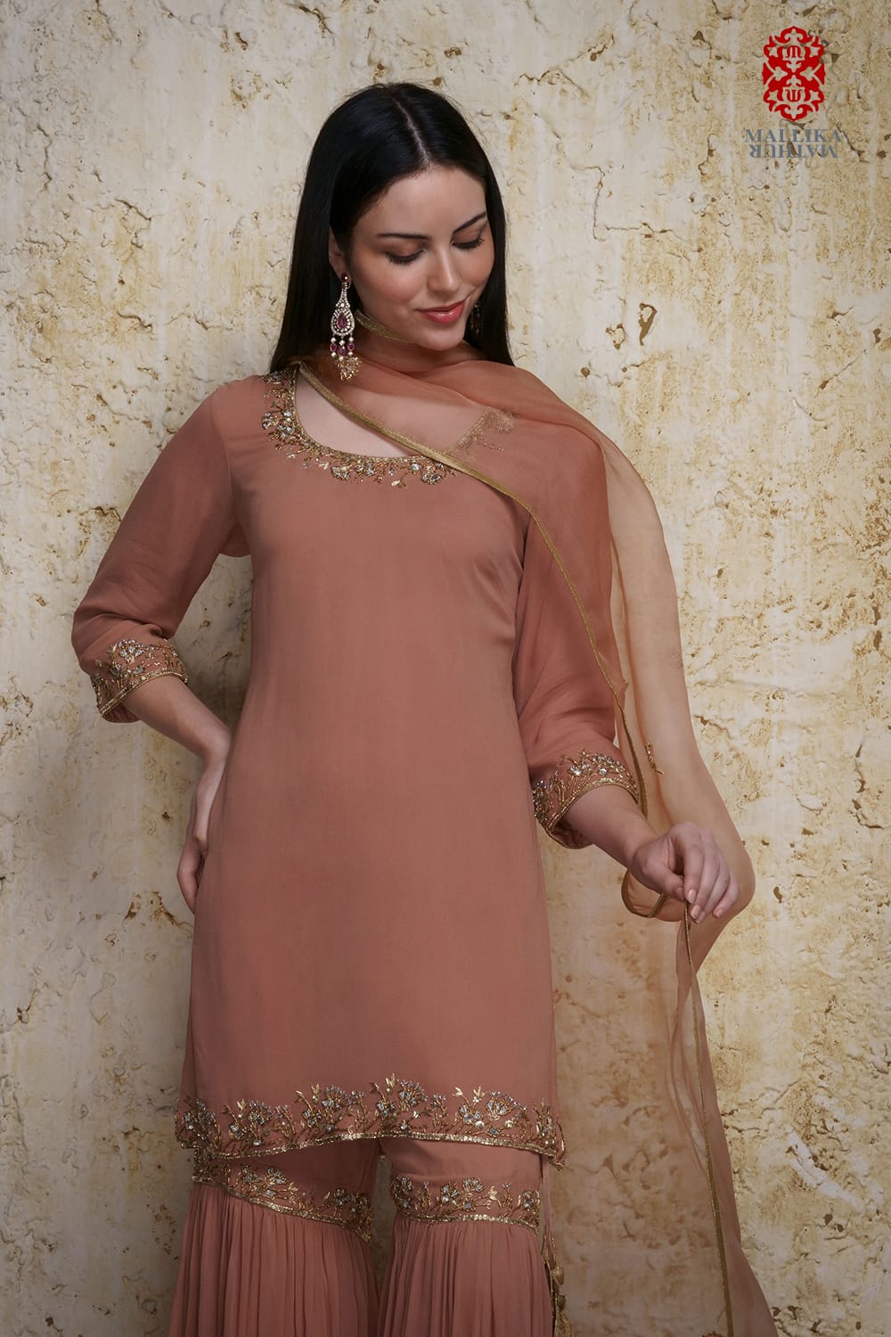 ‘Gulnaz’ old rose georgette kurta paired with a gharara hand embroidered - image 4
