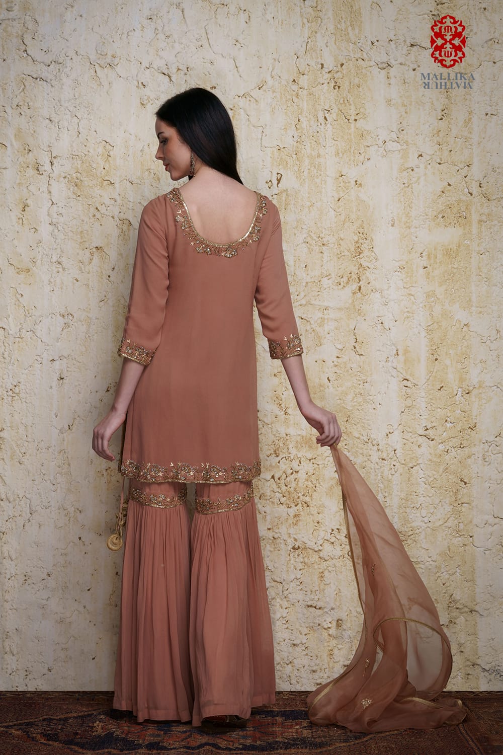 ‘Gulnaz’ old rose georgette kurta paired with a gharara hand embroidered - image 3