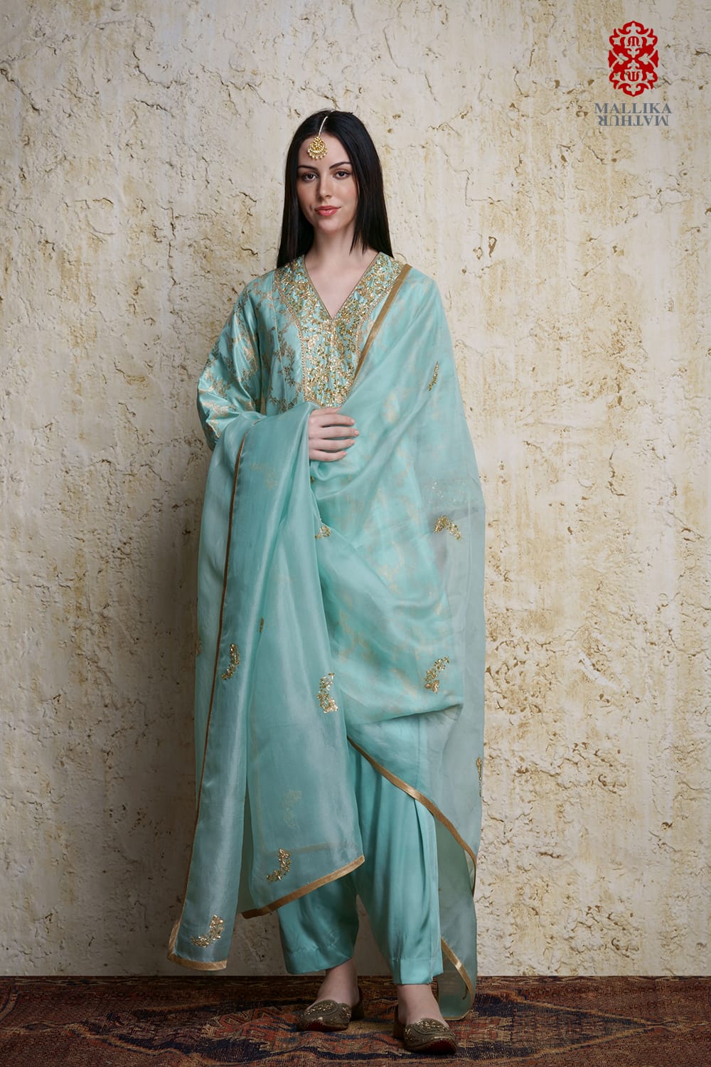‘Asmaani’ aquamarine silk kalidar kurta