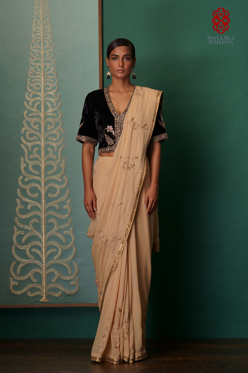 ‘Sweet Cecily ‘ beige gold georgette sari hand embroidered
