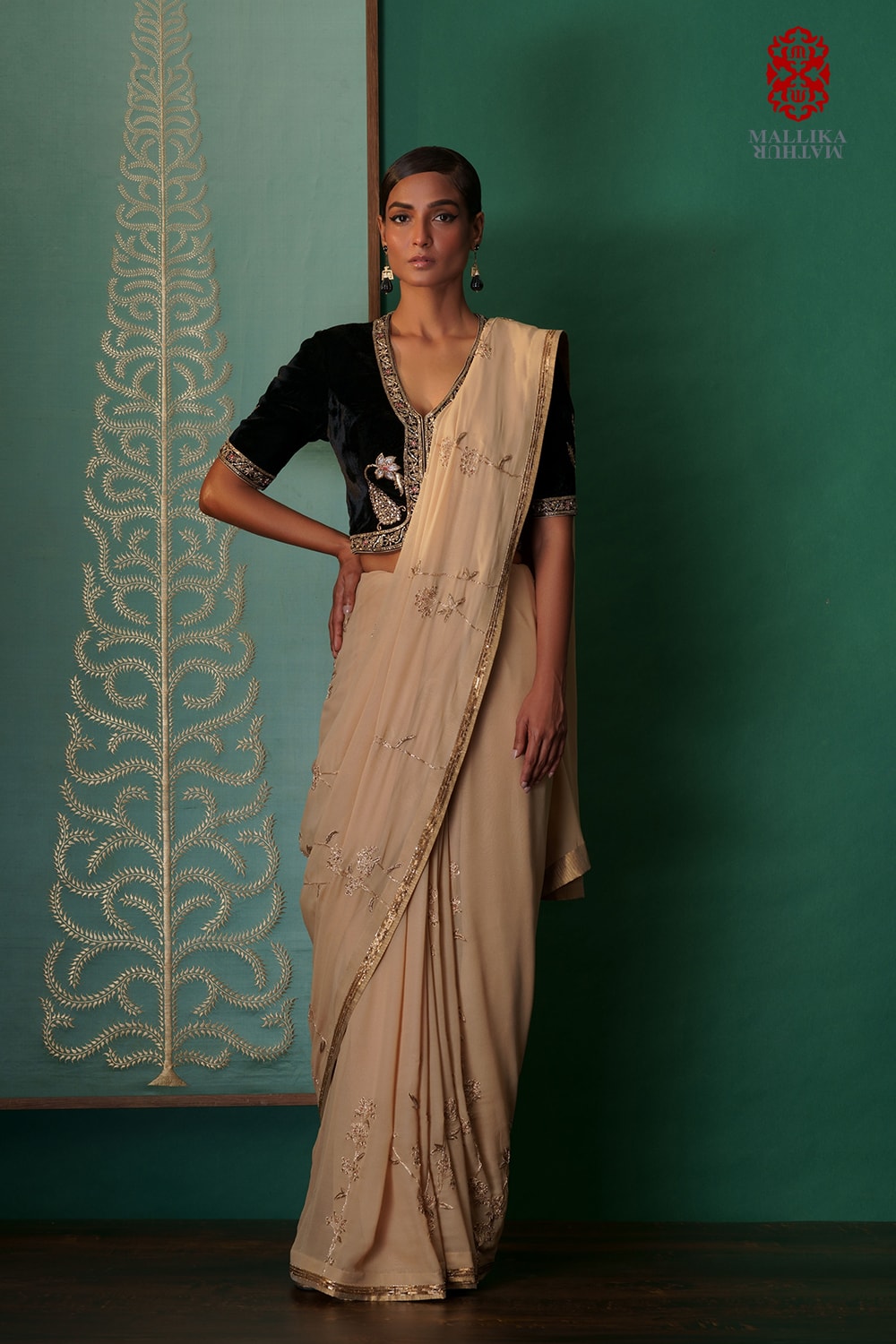 ‘Sweet Cecily ‘ beige gold georgette sari hand embroidered - image 2