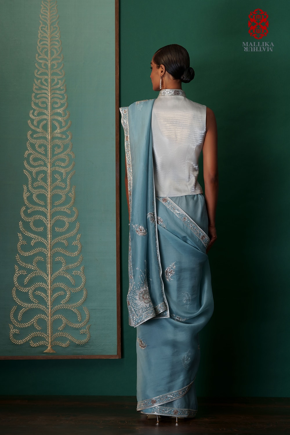 ‘Mahnoor’ Kora silk sari ocean blue colour hand embroid - image 3
