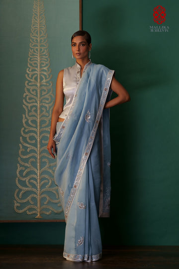 ‘Mahnoor’ Kora silk sari ocean blue colour hand embroid