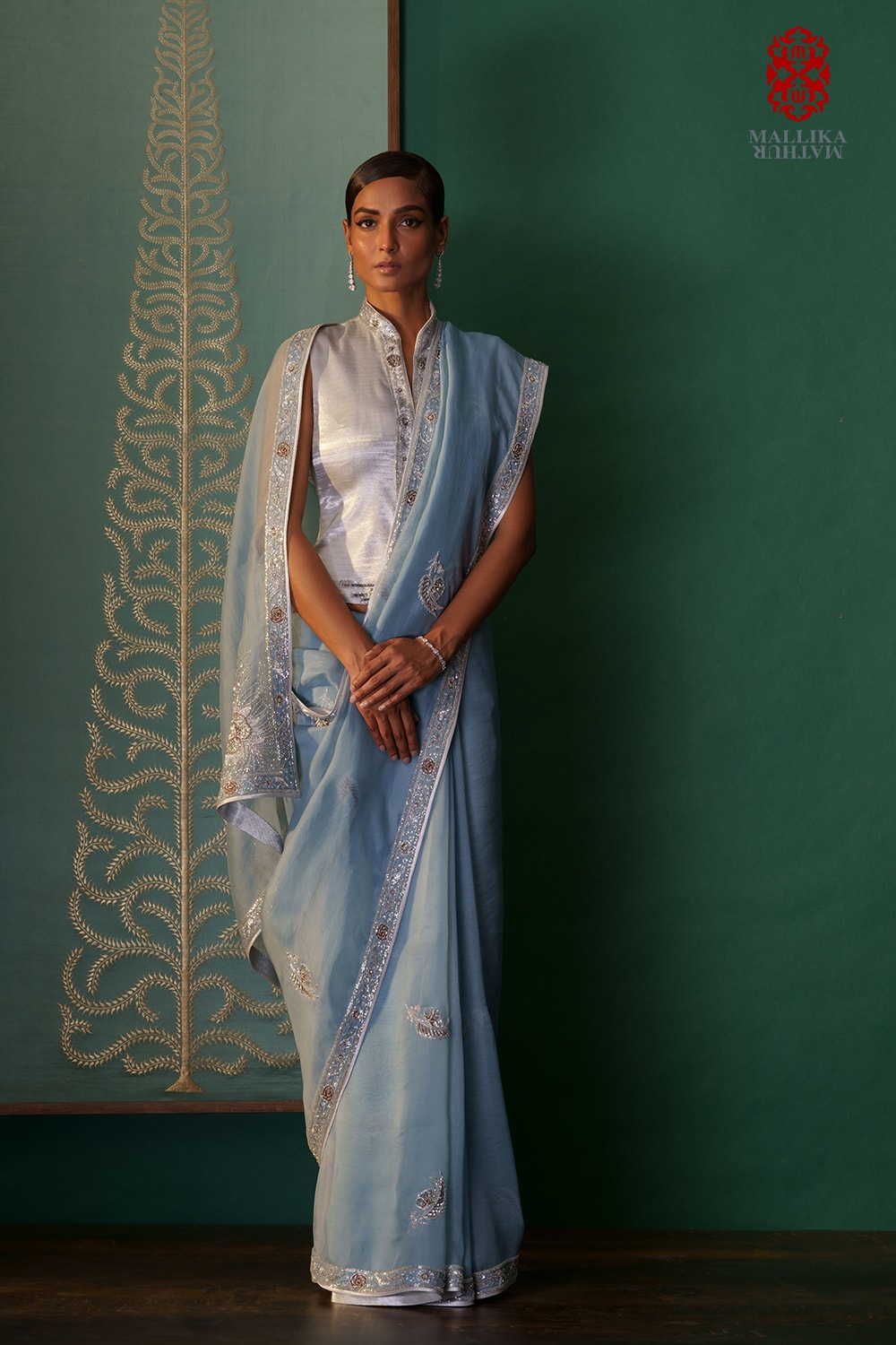 ‘Mahnoor’ Kora silk sari ocean blue colour hand embroid - image 2