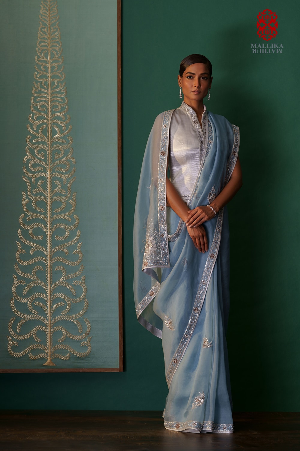 ‘Mahnoor’ Kora silk sari ocean blue colour hand embroid - image 4
