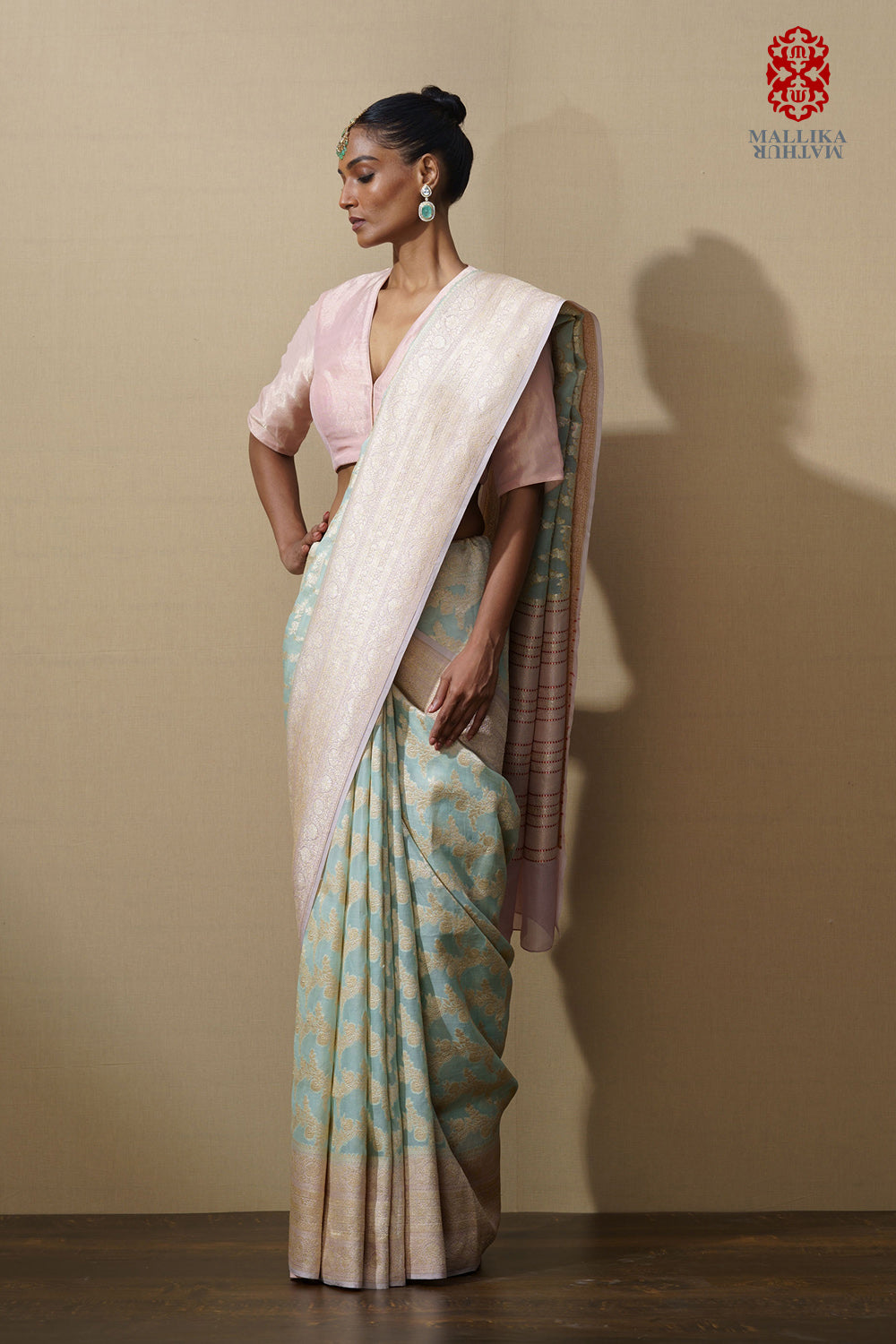 Sari kora aqua ara bel kadhuan salmon pink border - image 3