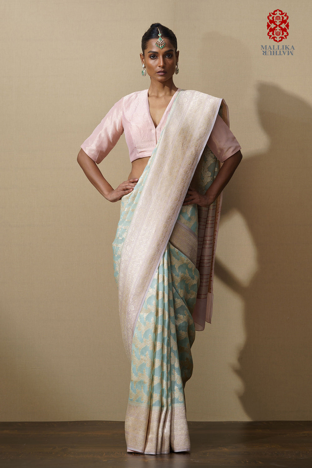 Sari kora aqua ara bel kadhuan salmon pink border