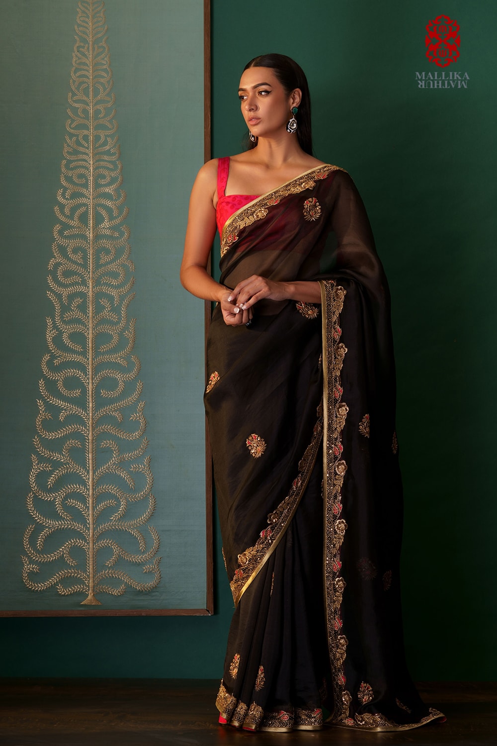 'Gulaabi - Nesrin' kora saree hand embroidered