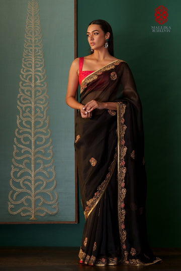 'Gulaabi - Nesrin' kora saree hand embroidered
