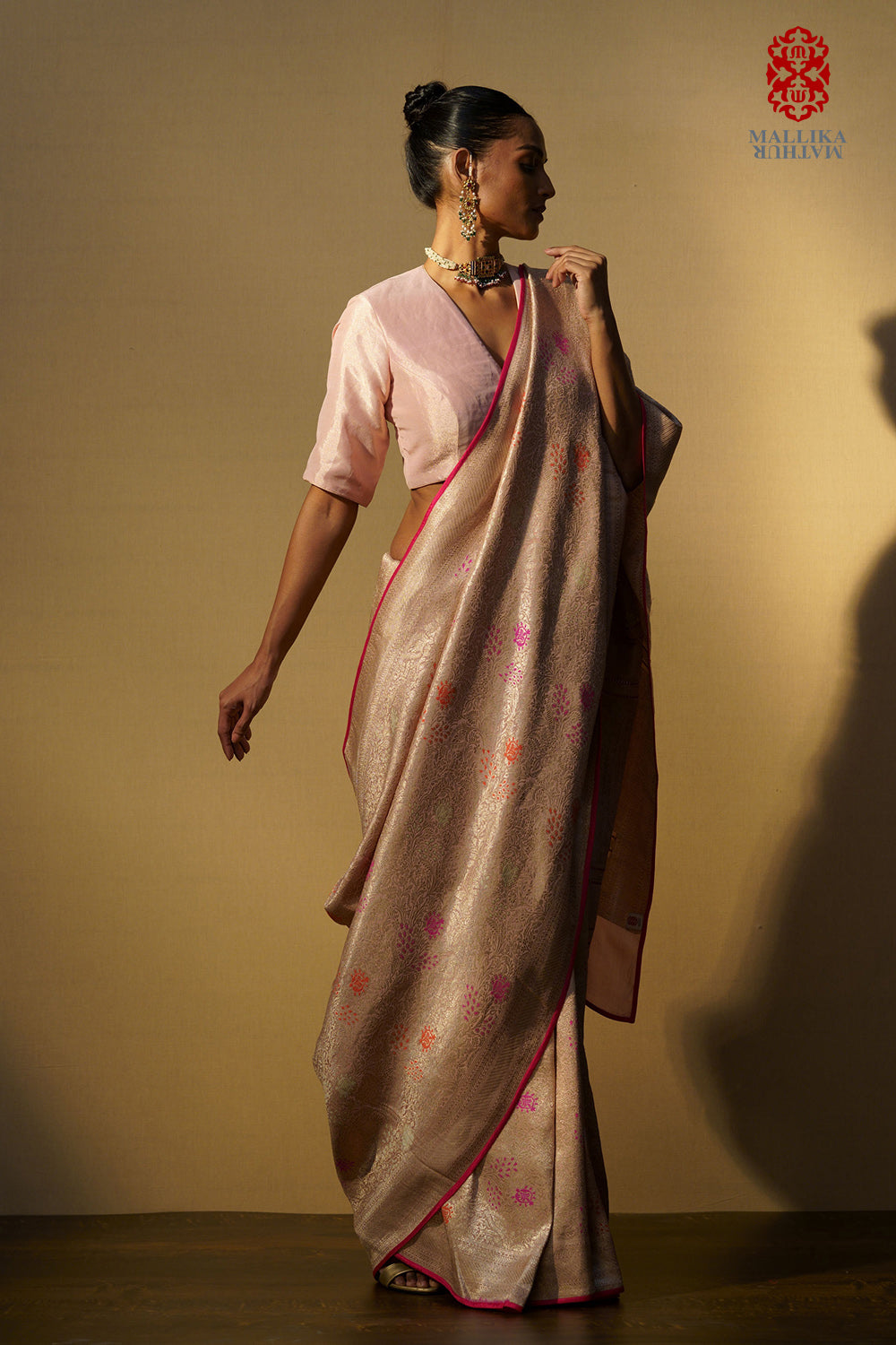 Saree georgette shikarga salmon pink multi mina - image 3