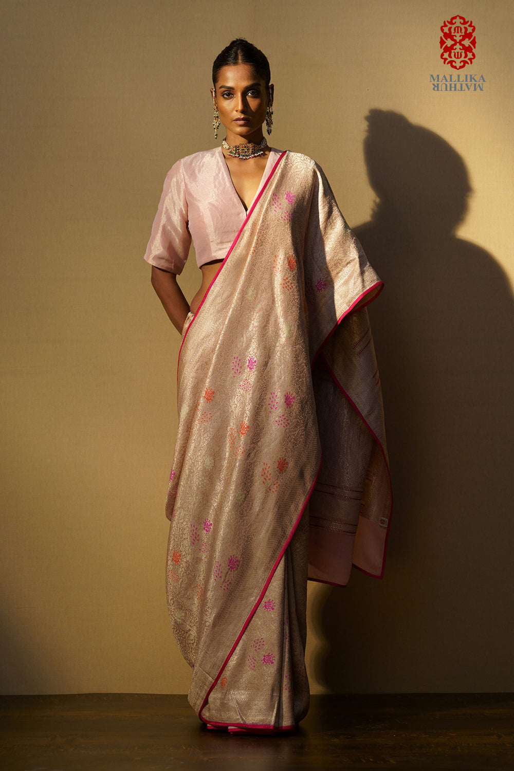 Saree georgette shikarga salmon pink multi mina