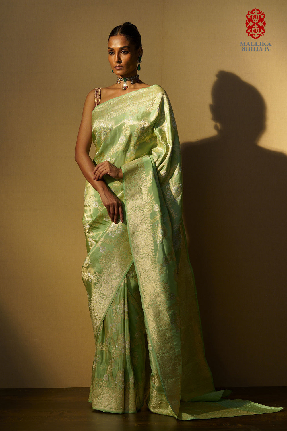 Sari katan silk tissue mint green kadhuan jangla design - image 3