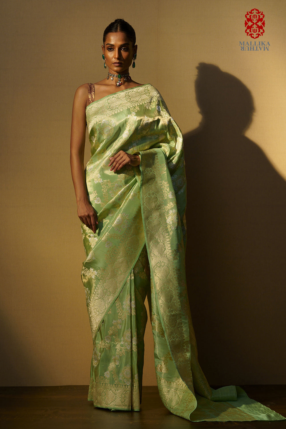 Sari katan silk tissue mint green kadhuan jangla design