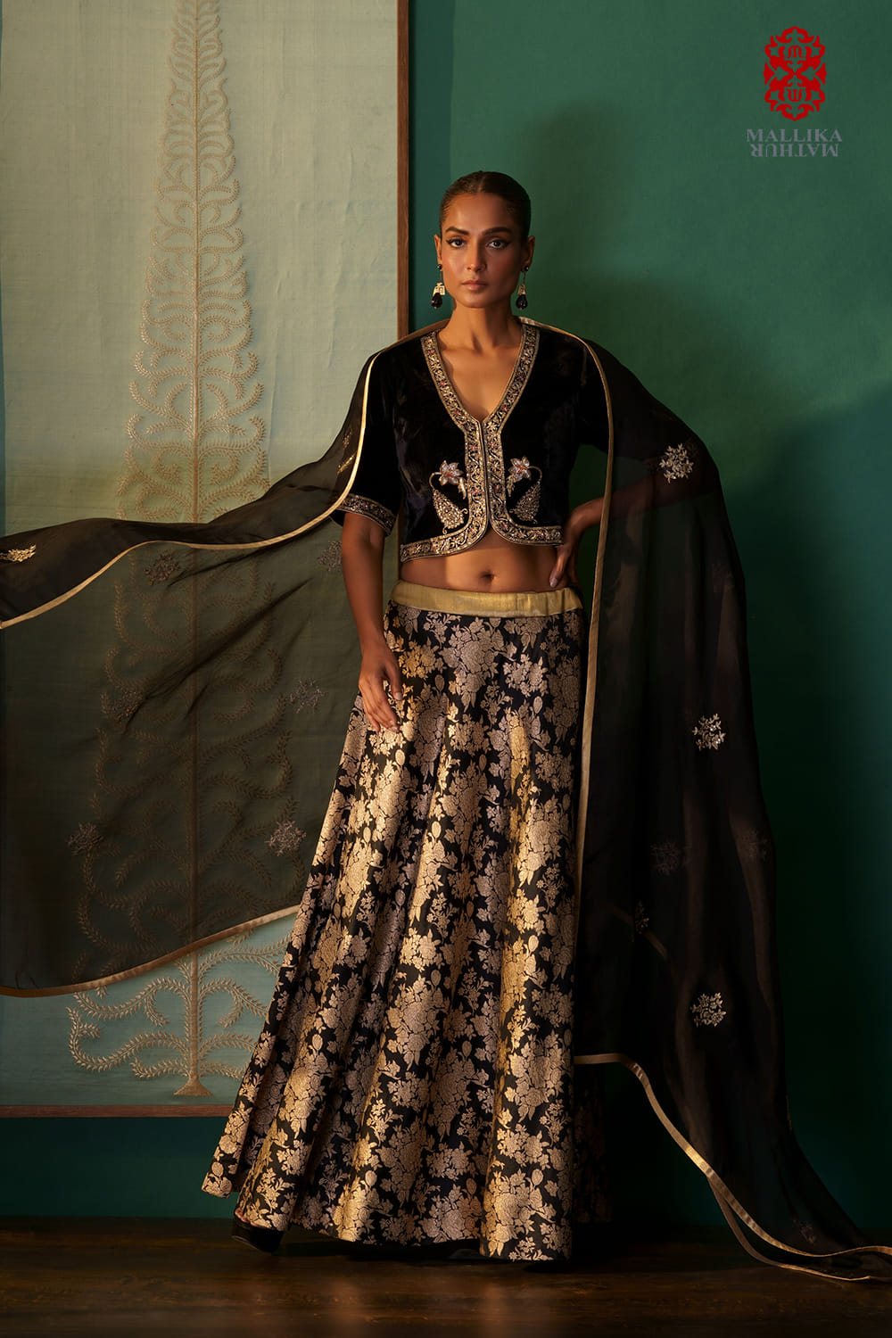 'Soraya' Black silk brocade skirt in a rich handwoven banarasi rose floral jaal