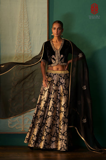 'Soraya' Black silk brocade skirt in a rich handwoven banarasi rose floral jaal