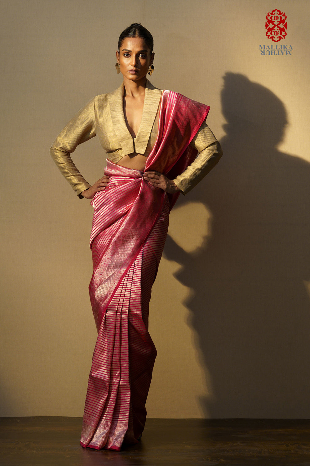 Sari silk rani pink strips gold