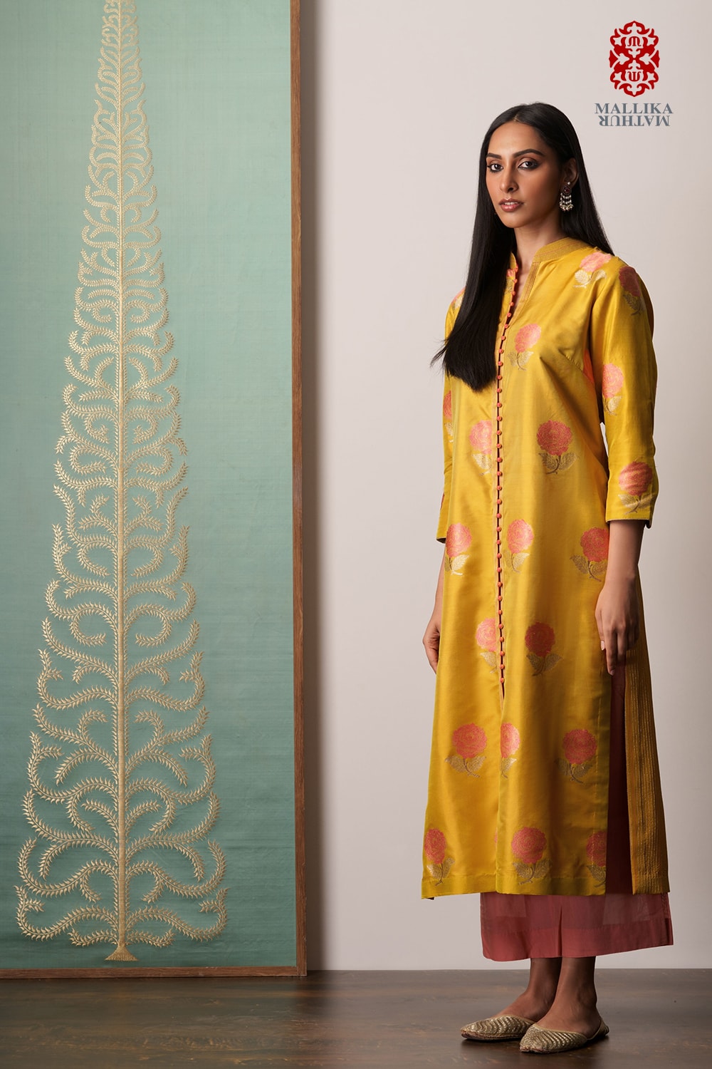 Banarasi kurta silk kadhuan mustard and rose pink motifs - image 3