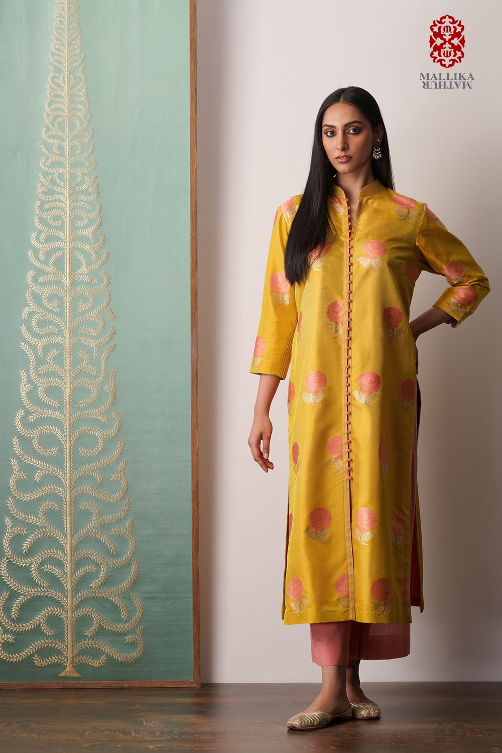 Banarasi kurta silk kadhuan mustard and rose pink motifs