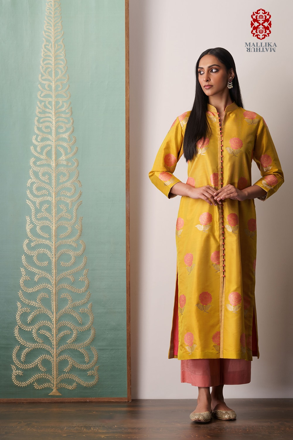 Banarasi kurta silk kadhuan mustard and rose pink motifs - image 2