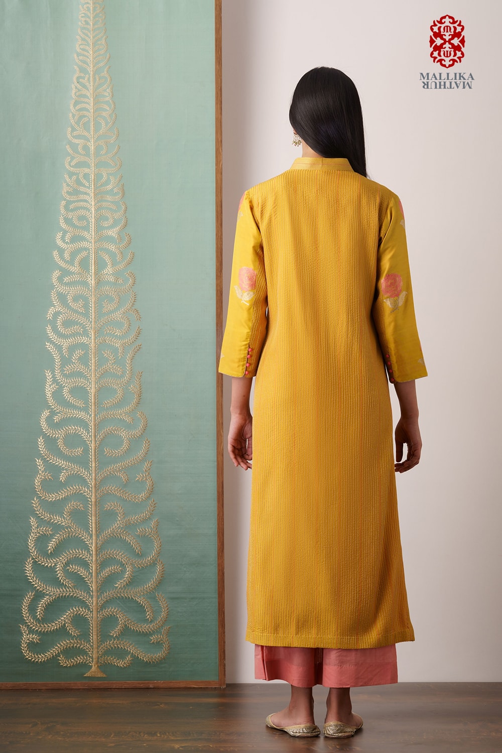 Banarasi kurta silk kadhuan mustard and rose pink motifs - image 4