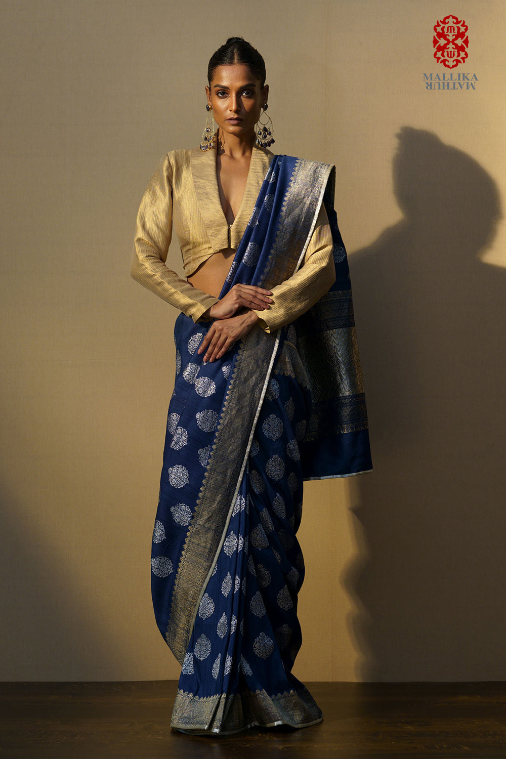 Sari muga tussar midnight blue silver kadhuan buti