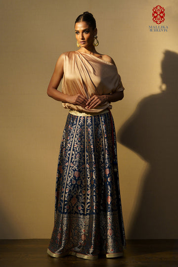 Shaheen' banarasi silk brocade lehenga silk midnight blue
