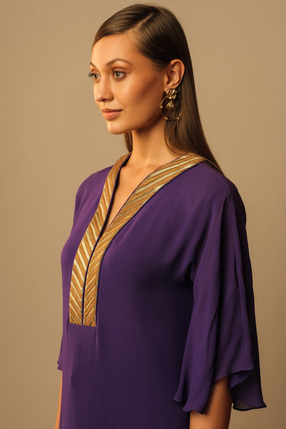 Kaftan georgette aubergine zari striped neck - image 3