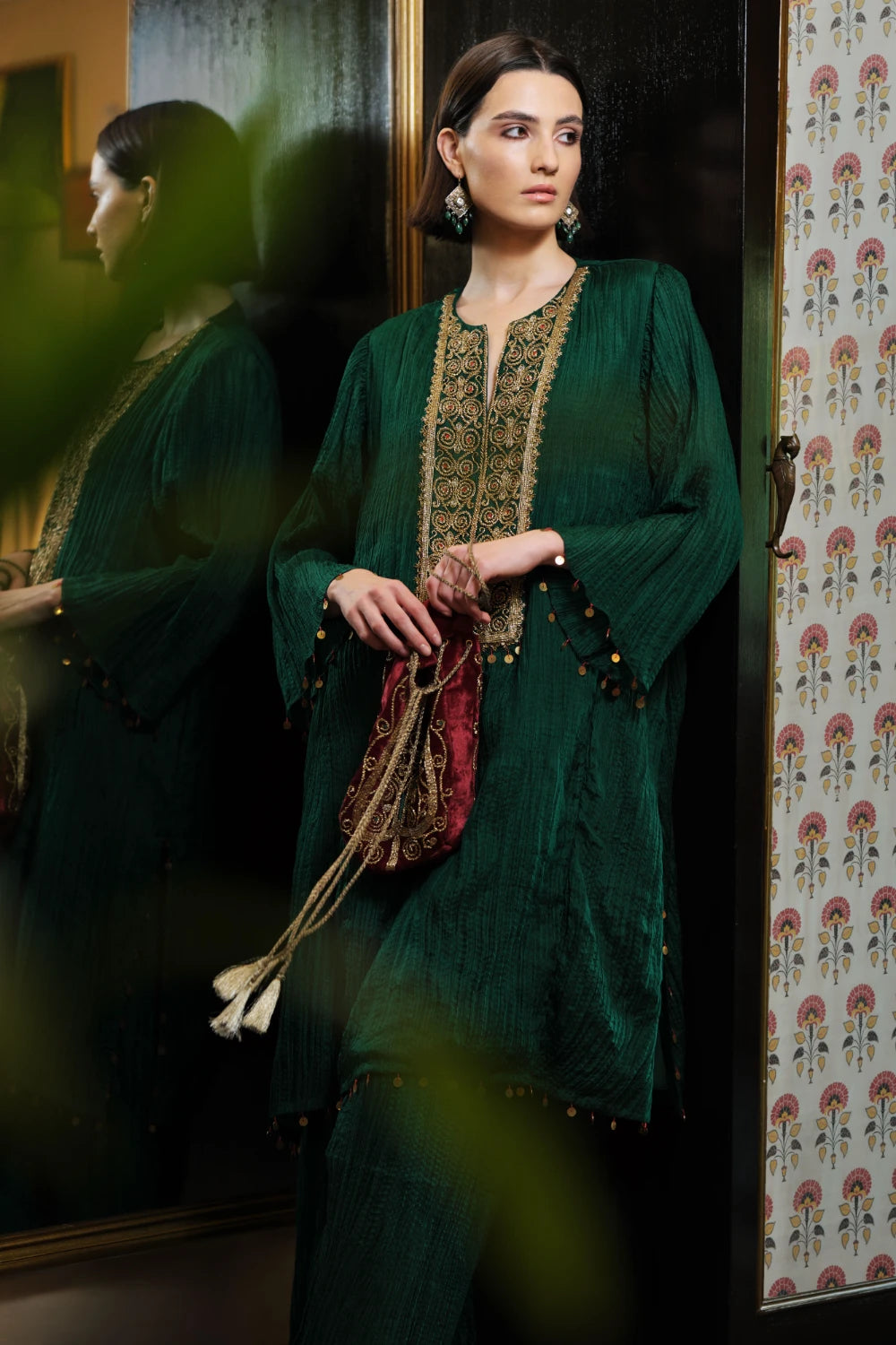 ‘Sarai’ emerald green Moroccan silk crinkled tunic