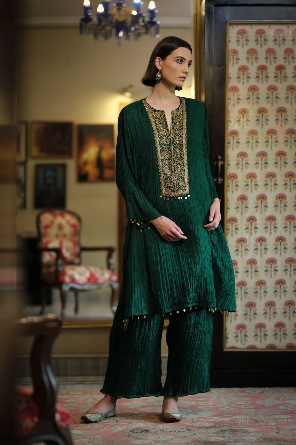 ‘Sarai’ emerald green Moroccan silk crinkled tunic