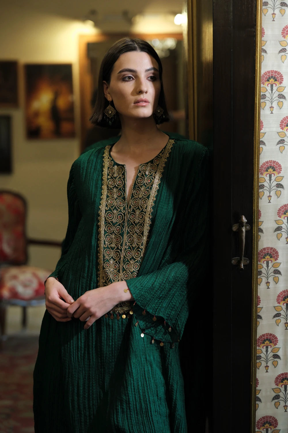 ‘Sarai’ emerald green Moroccan silk crinkled tunic