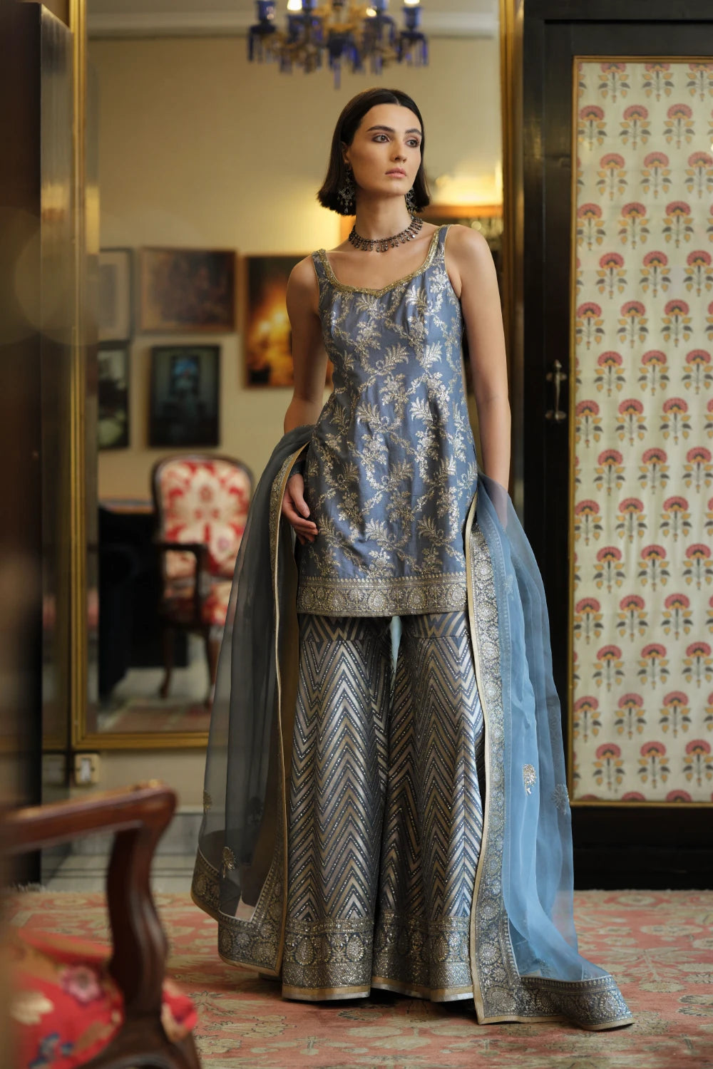 ‘Shama’ Banarasi munga silk chevron gharara