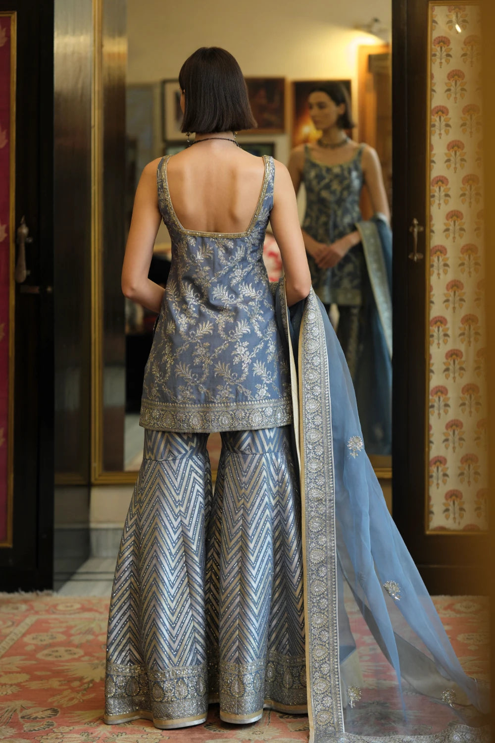 ‘Shama’ Banarasi munga silk chevron gharara