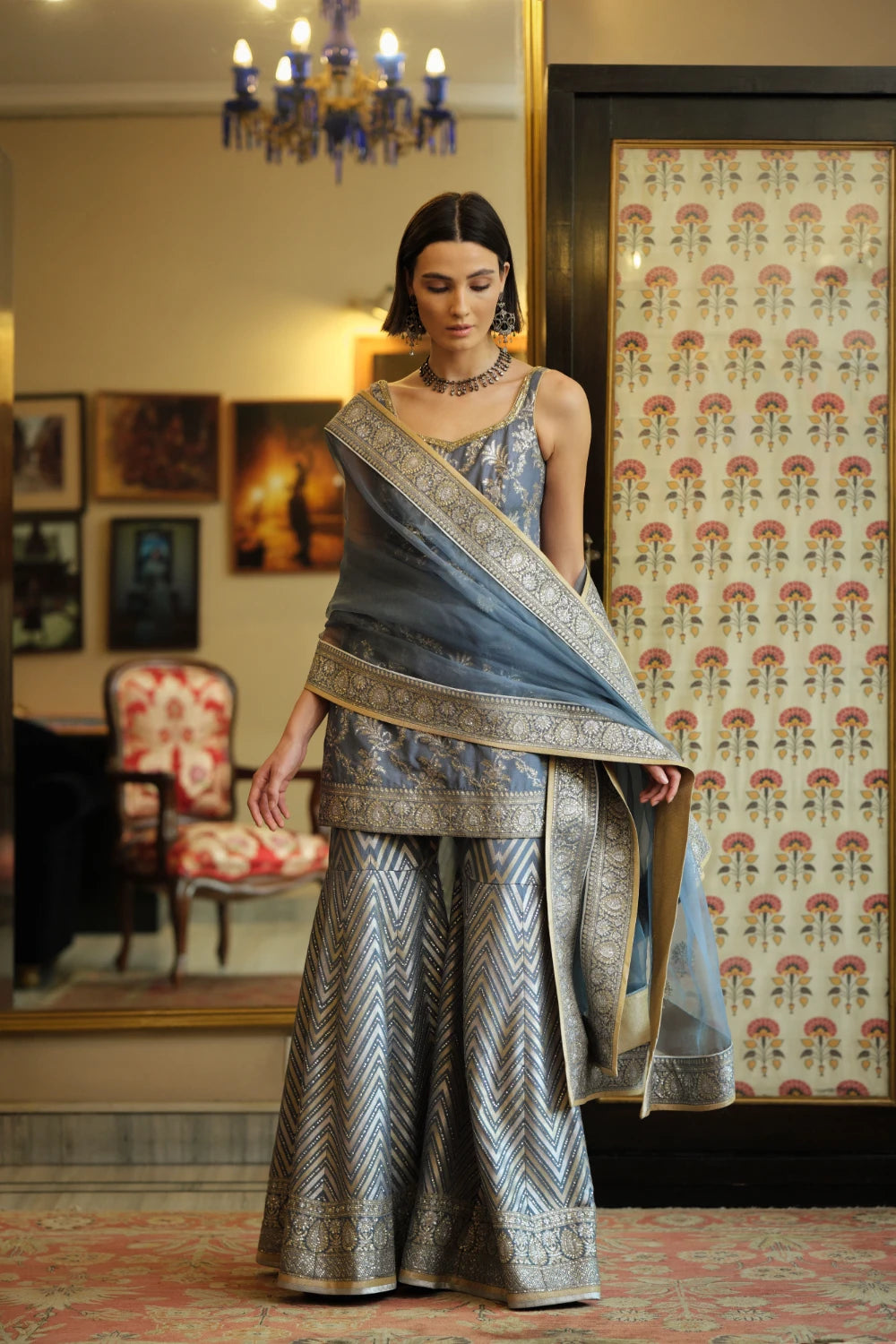 ‘Shama’ Banarasi munga silk chevron gharara