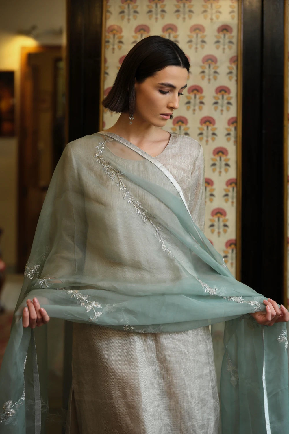 'Chand' silver tussar tissue tunic
