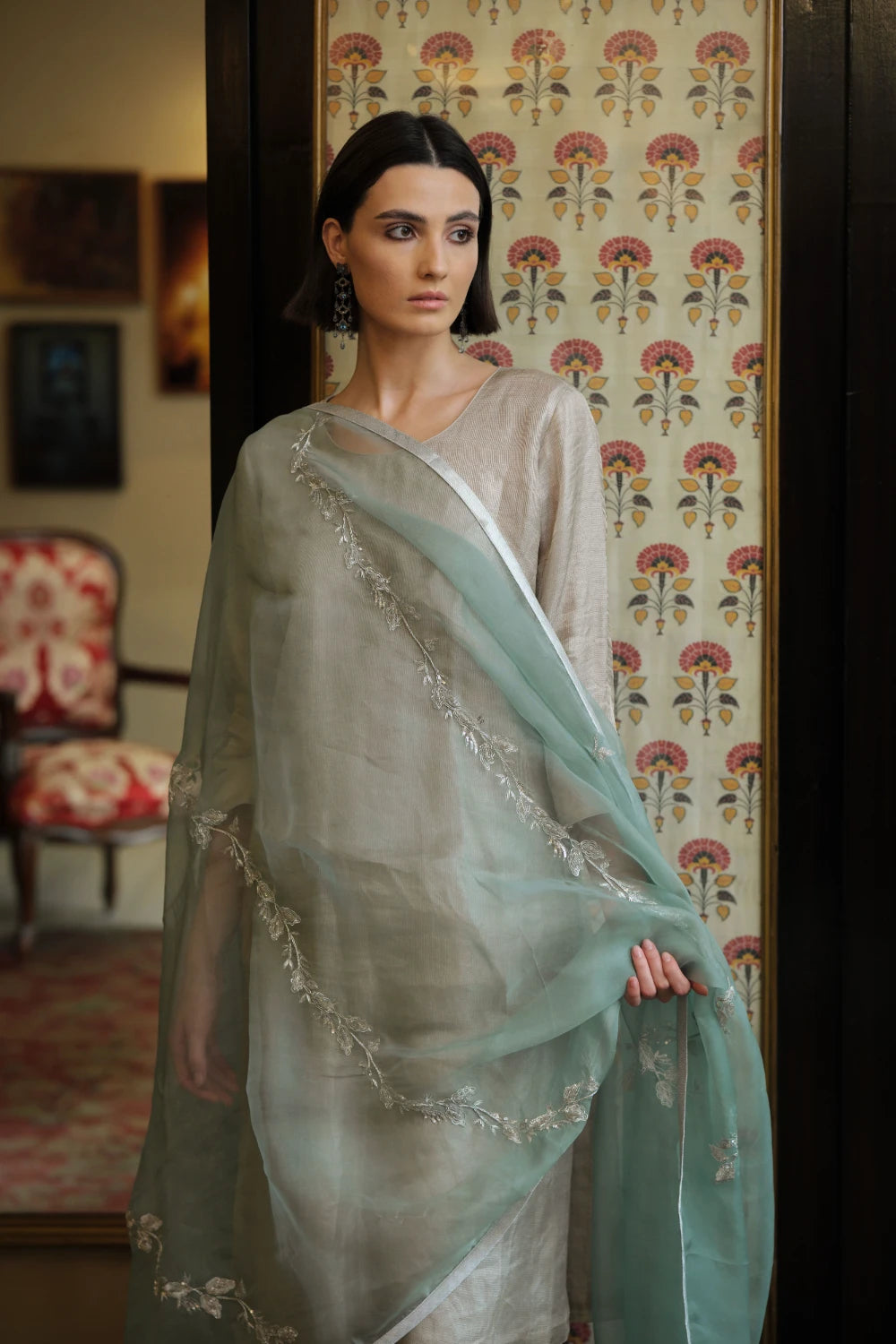 'Chand' silver tussar tissue tunic