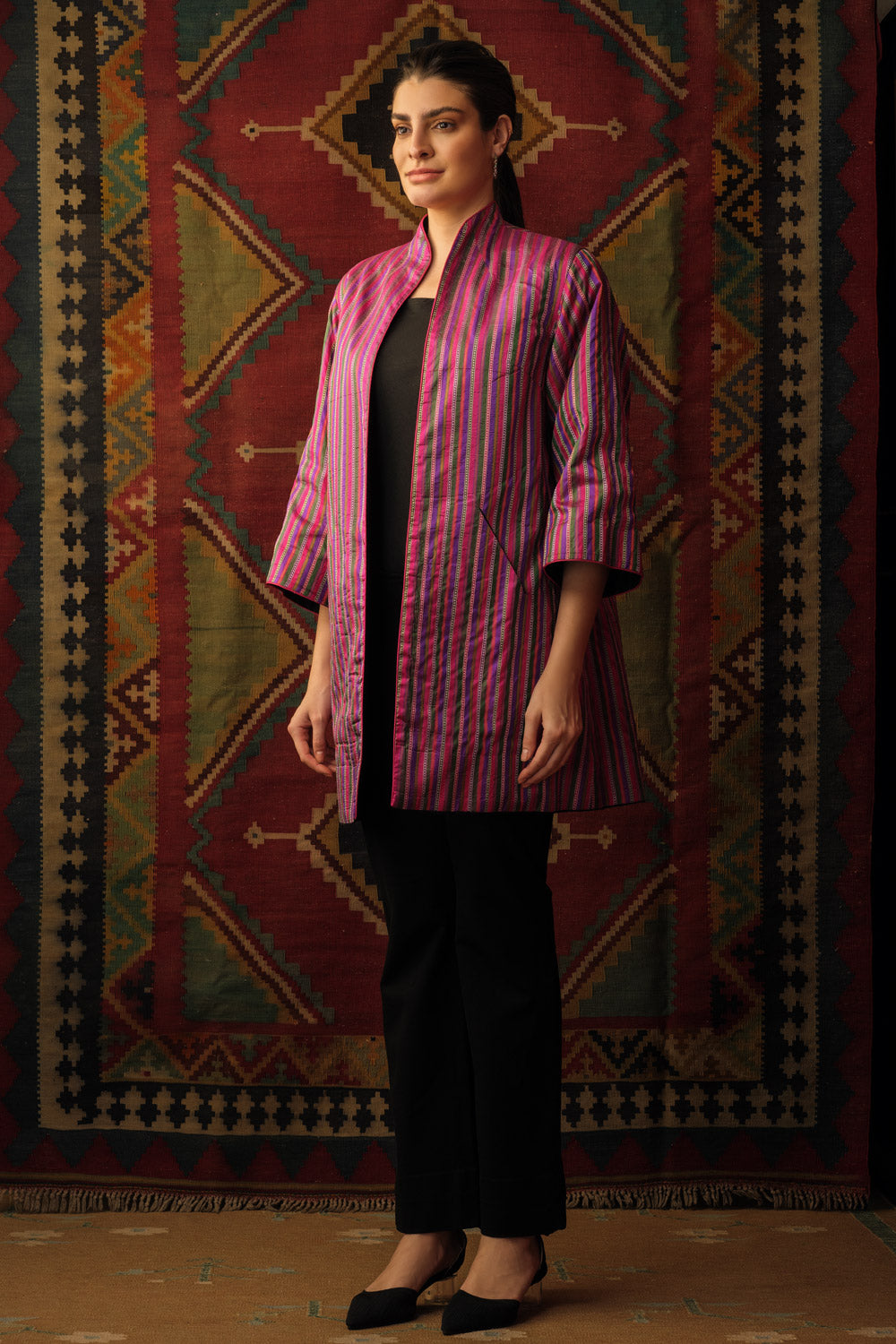 Cape jacket reversible 'mashru' stripes magenta pink black