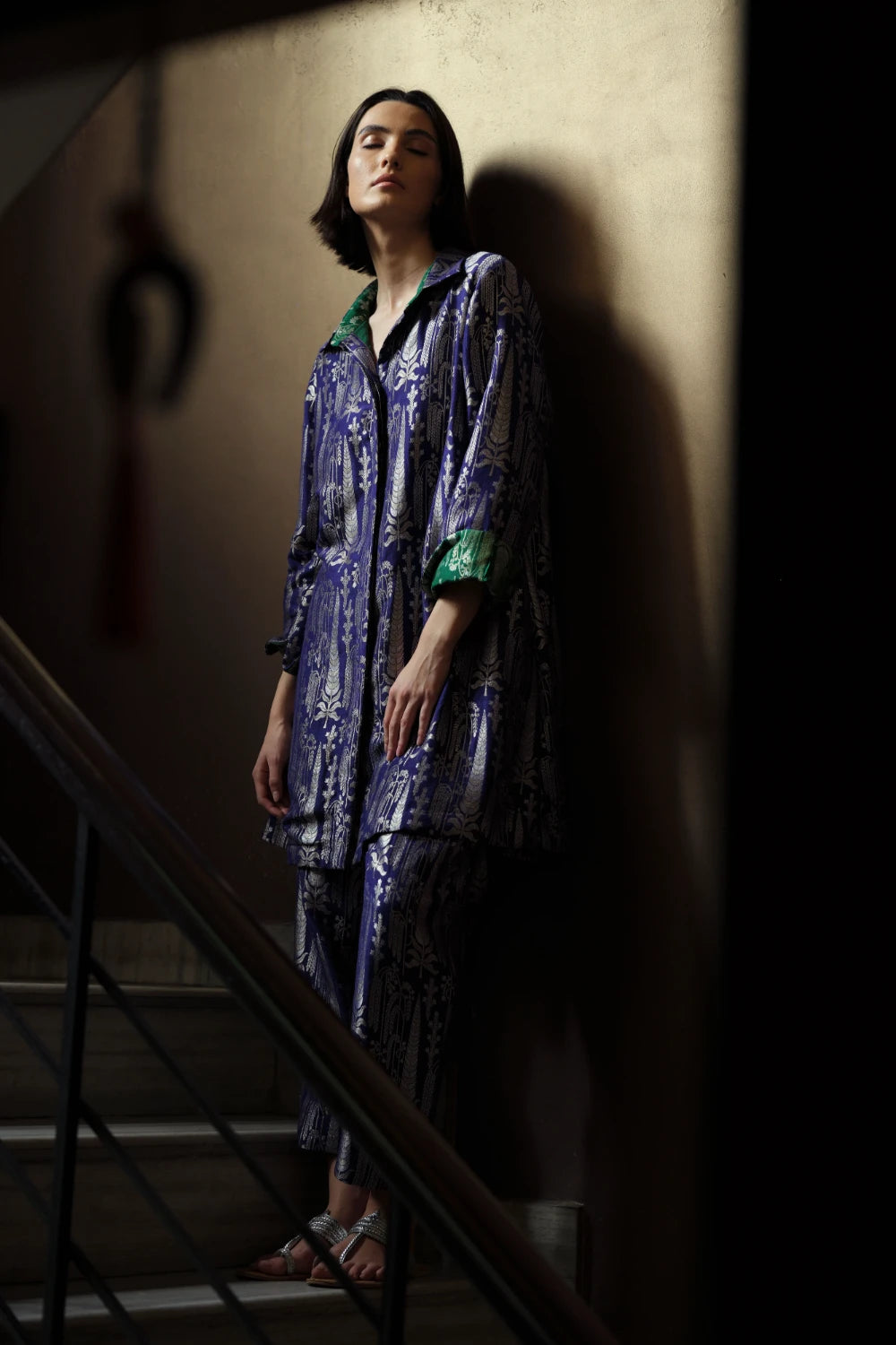 'Vriksha' collared tunic and slim pants munga silk