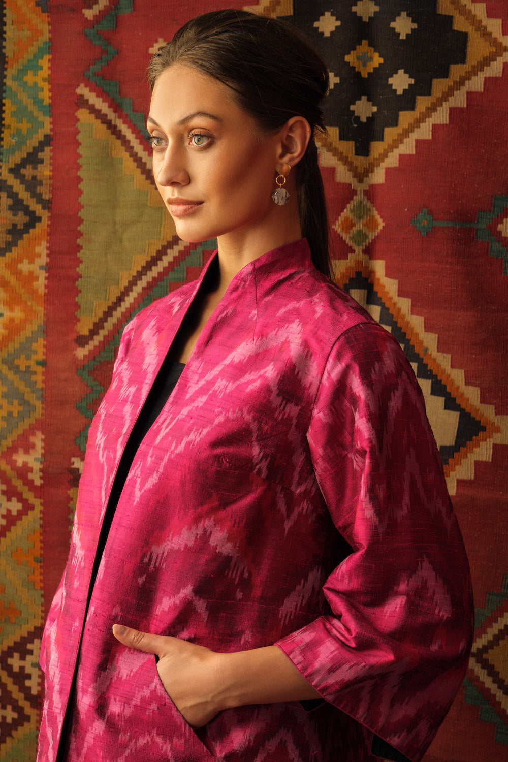 Cape jacket reversible central asian ikat magenta pink