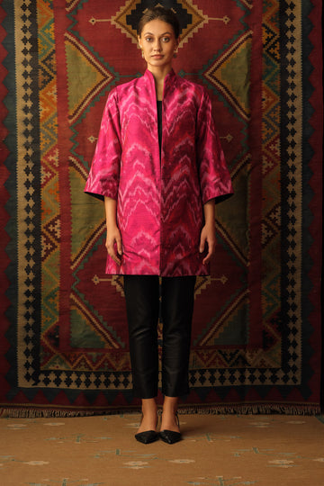 Cape jacket reversible central asian ikat magenta pink