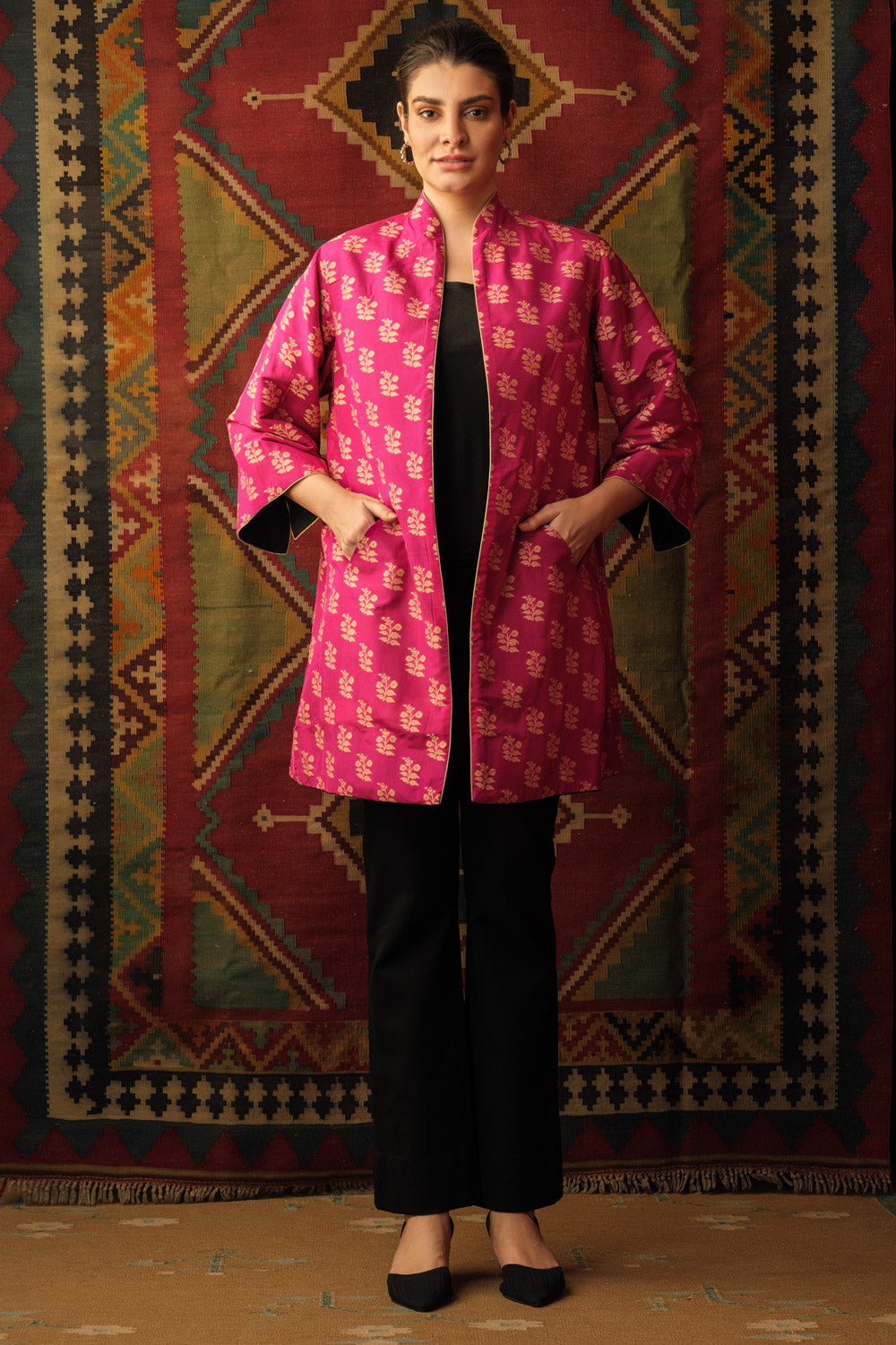 Cape jacket reversible mughal motif magenta pink