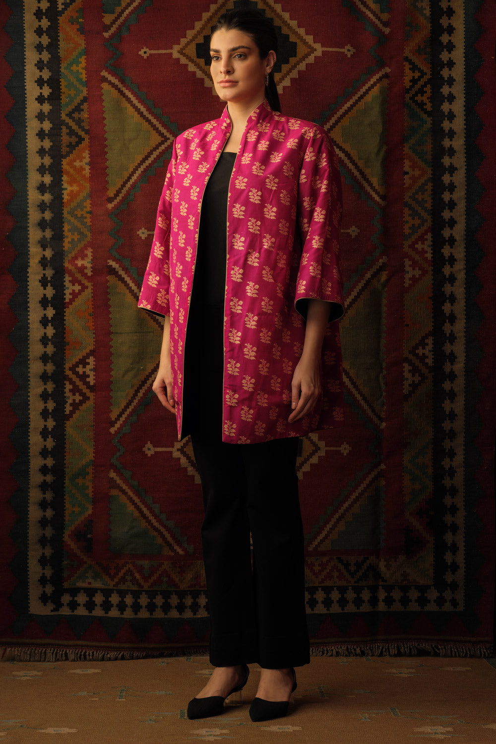Cape jacket reversible mughal motif magenta pink - image 4