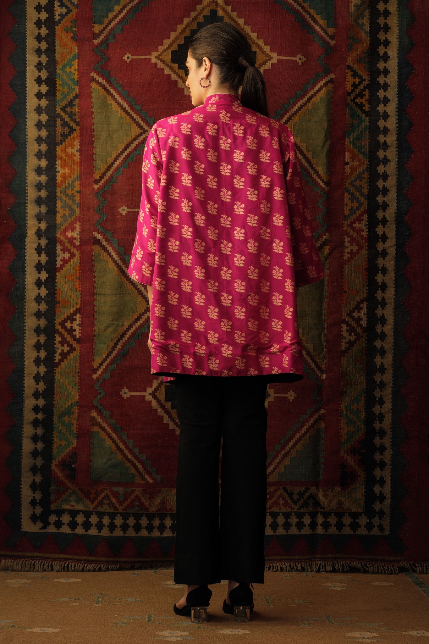 Cape jacket reversible mughal motif magenta pink - image 2